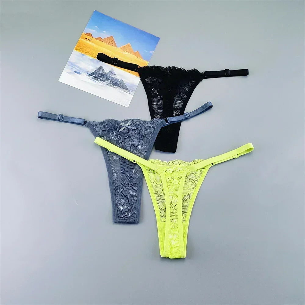 3PCS Einstellbare Sexy Transparent Tanga Höschen Frauen Spitze Unterwäsche Niedrige Taille Weibliche T-zurück String Unterhose